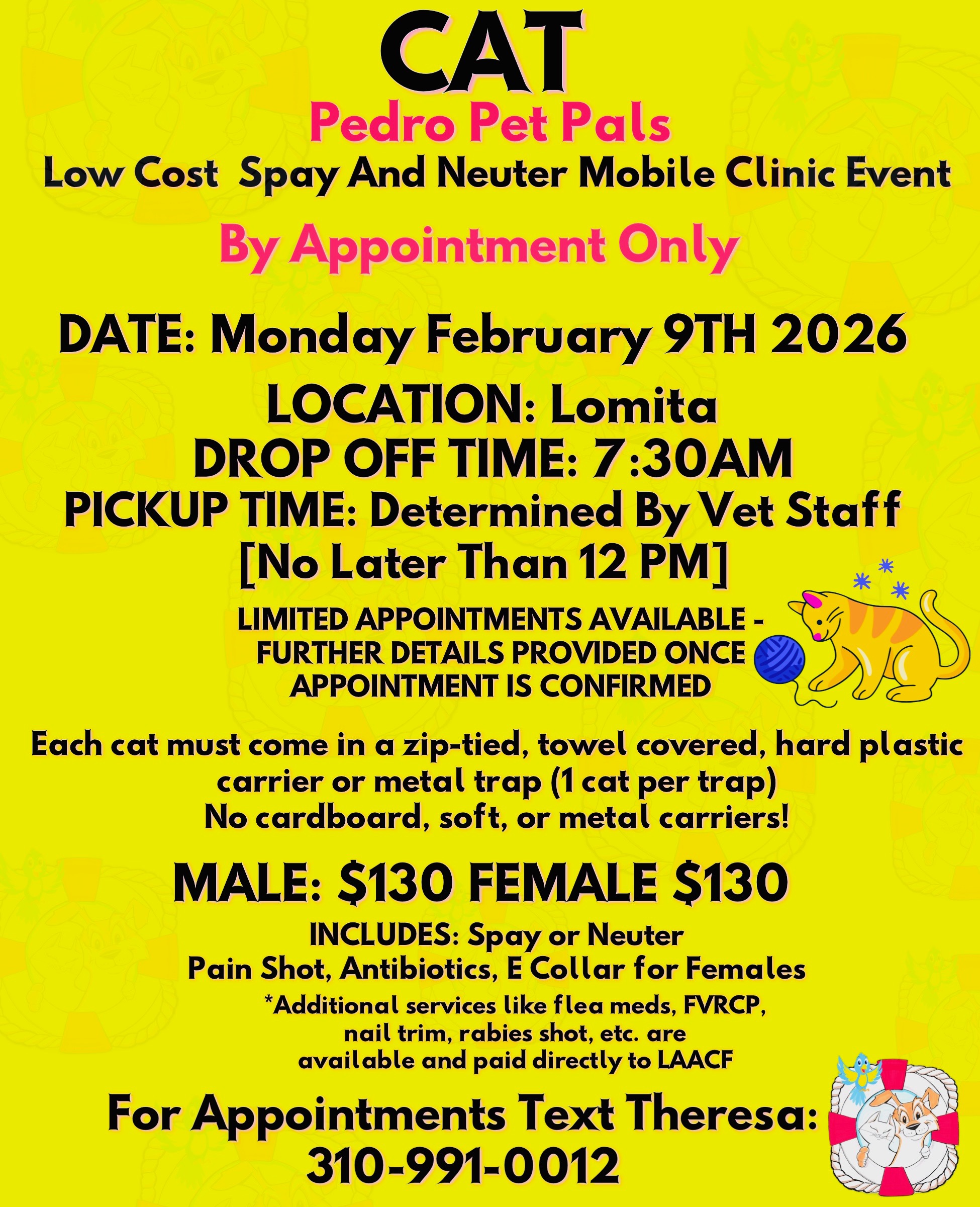pedro pet pals low cost spay/neuter clinic in lomita, california. monday february 9th 2026