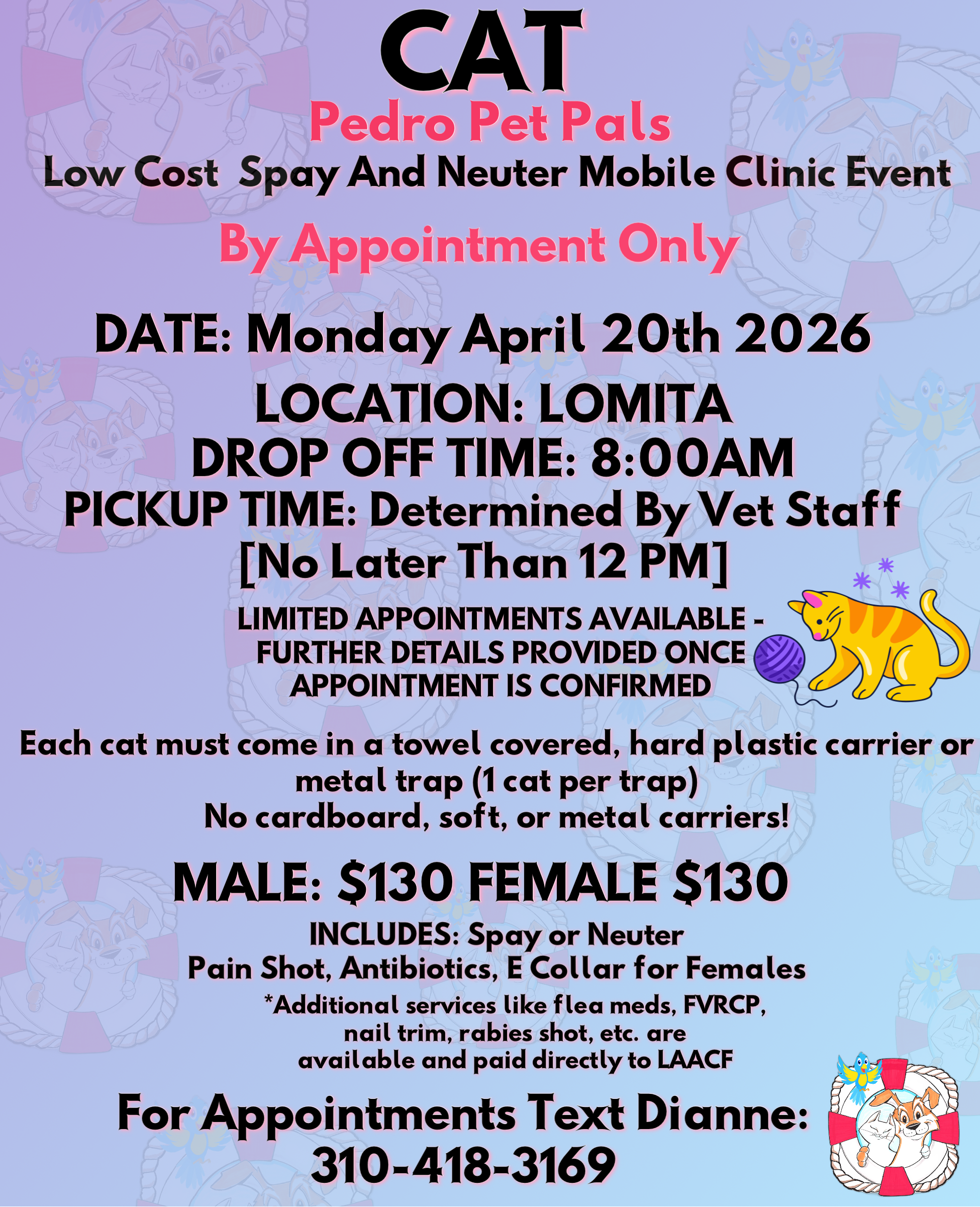 pedro pet pals low cost cat spay/neuter clinic in lomita, california. monday april 20th 2026
