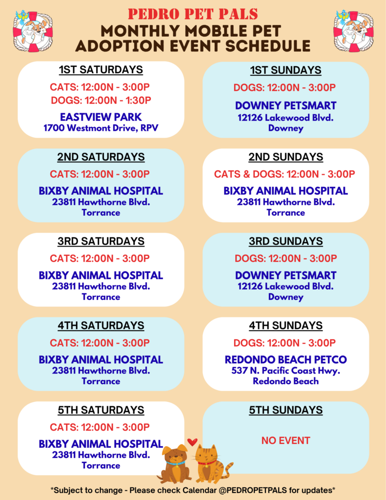 Pedro Pet Pals mobile adoption locations as of October 2026